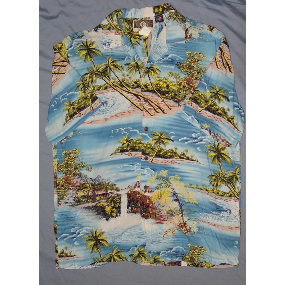 Kalaheo Hawaiian Shirt Large Blue Tropical Beach Print Made In Hawaii